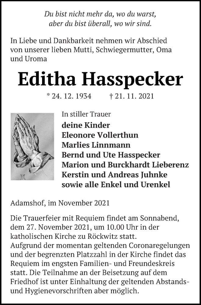  Traueranzeige für Editha Hasspecker vom 24.11.2021 aus Neubrandenburger Zeitung