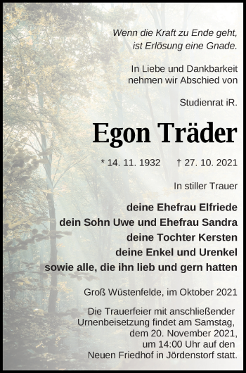 Traueranzeige von Egon Träder von Mecklenburger Schweiz