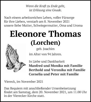 Traueranzeige von Eleonore Thomas von Haff-Zeitung