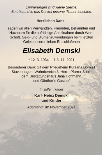 Traueranzeige von Elisabeth Demski von Neubrandenburger Zeitung