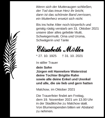 Traueranzeige von Elisabeth Müller von Müritz-Zeitung