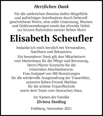 Traueranzeige von Elisabeth Scheufler von Strelitzer Zeitung