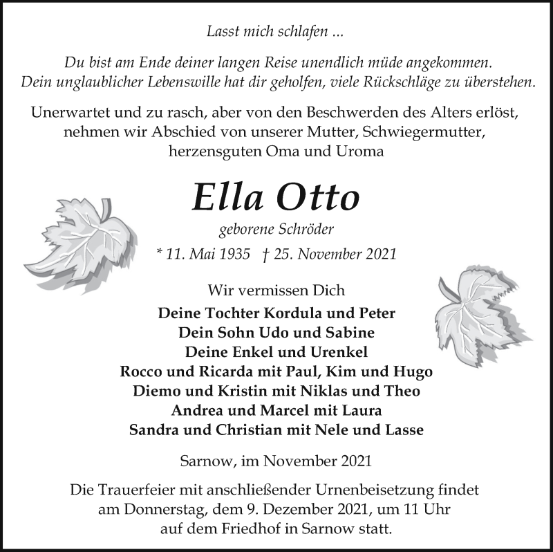  Traueranzeige für Ella Otto vom 27.11.2021 aus Vorpommern Kurier