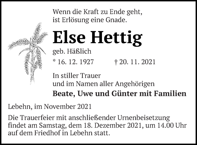  Traueranzeige für Else Hettig vom 26.11.2021 aus Pasewalker Zeitung