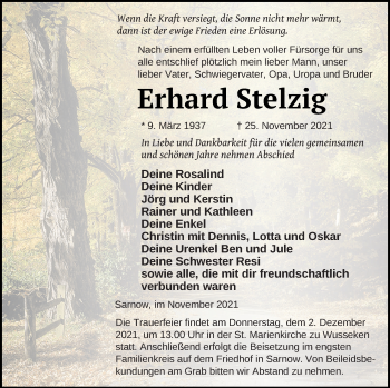 Traueranzeige von Erhard Stelzig von Vorpommern Kurier