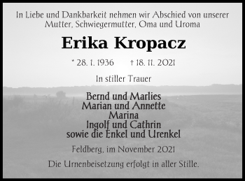 Traueranzeige von Erika Kropacz von Strelitzer Zeitung