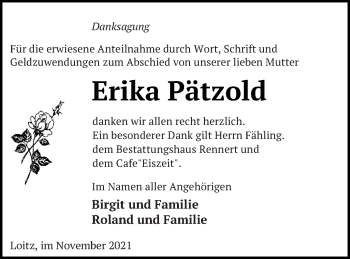 Traueranzeige von Erika Pätzold von Vorpommern Kurier