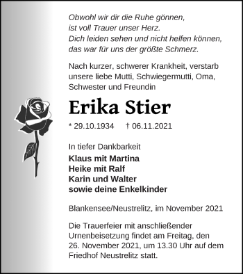 Traueranzeige von Erika Stier von Strelitzer Zeitung