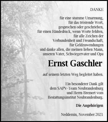 Traueranzeige von Ernst Gaschler von Neubrandenburger Zeitung