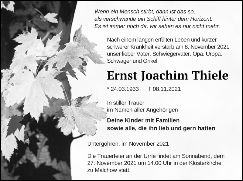  Traueranzeige für Ernst Joachim Thiele vom 19.11.2021 aus Müritz-Zeitung