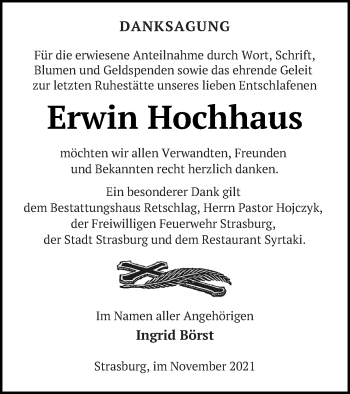 Traueranzeige von Erwin Hochhaus von Pasewalker Zeitung