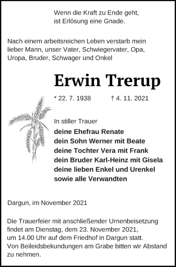 Traueranzeige von Erwin Trerup von Mecklenburger Schweiz