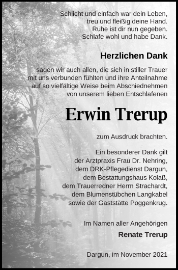 Traueranzeige von Erwin Trerup von Mecklenburger Schweiz