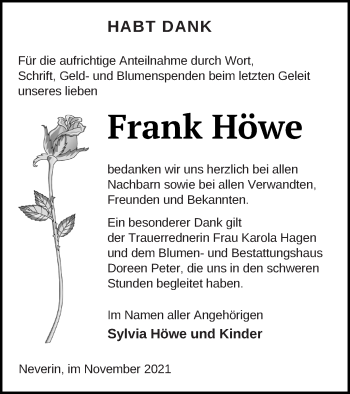 Traueranzeige von Frank Höwe von Neubrandenburger Zeitung