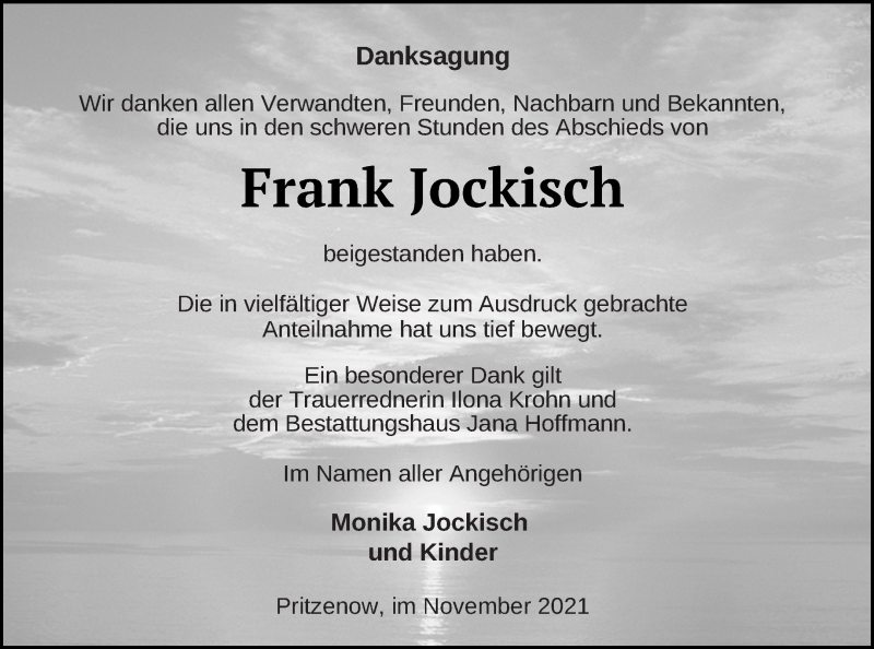  Traueranzeige für Frank Jockisch vom 26.11.2021 aus Neubrandenburger Zeitung