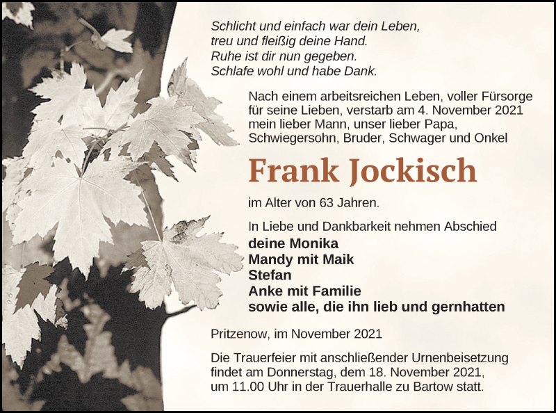  Traueranzeige für Frank Jockisch vom 10.11.2021 aus Neubrandenburger Zeitung