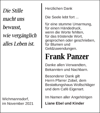 Traueranzeige von Frank Panzer von Templiner Zeitung