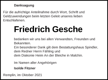 Traueranzeige von Friedrich Gesche von Mecklenburger Schweiz