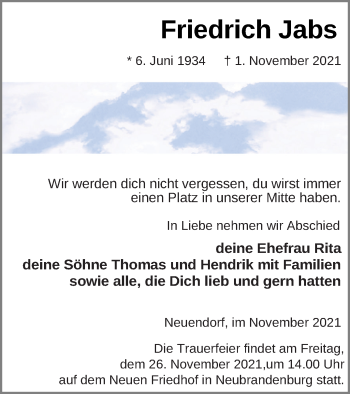 Traueranzeige von Friedrich Jabs von Neubrandenburger Zeitung