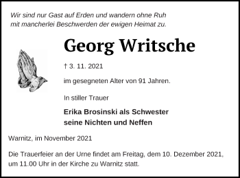 Traueranzeige von Georg Writsche von Prenzlauer Zeitung