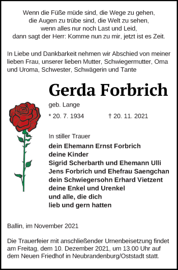 Traueranzeige von Gerda Forbrich von Neubrandenburger Zeitung