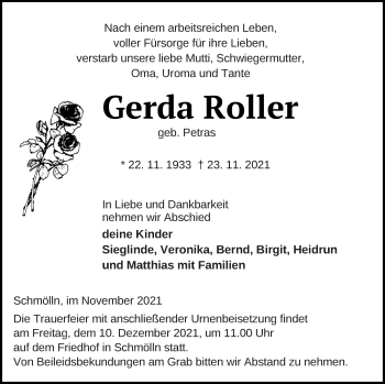 Traueranzeige von Gerda Roller von Prenzlauer Zeitung