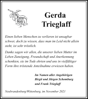 Traueranzeige von Gerda Trieglaff von Neubrandenburger Zeitung