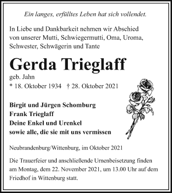 Traueranzeige von Gerda Trieglaff von Neubrandenburger Zeitung