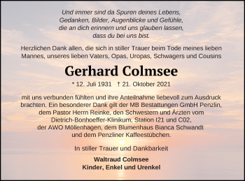 Traueranzeige von Gerhard Colmsee von Müritz-Zeitung