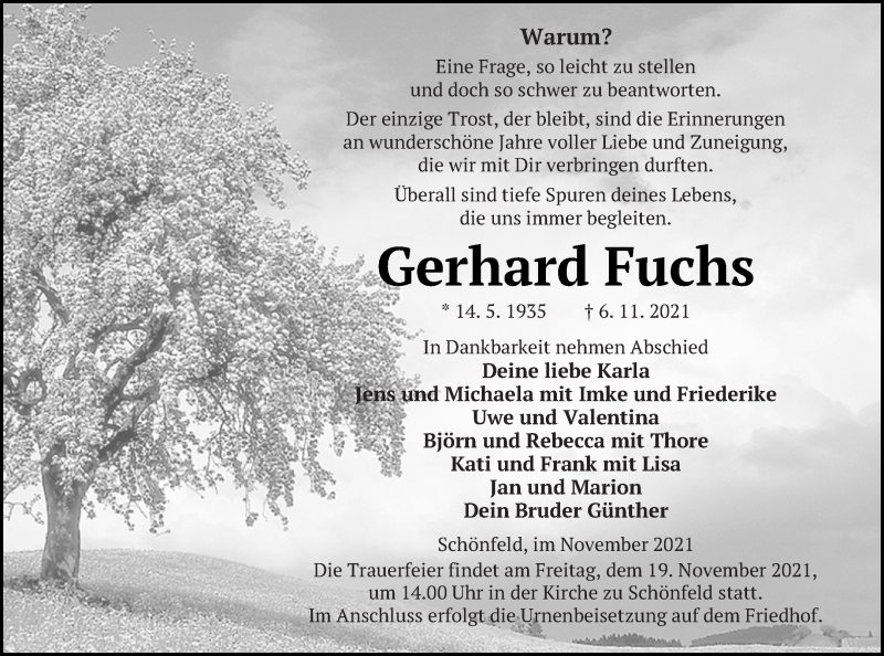  Traueranzeige für Gerhard Fuchs vom 11.11.2021 aus Demminer Zeitung