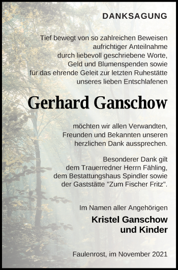 Traueranzeige von Gerhard Ganschow von Mecklenburger Schweiz