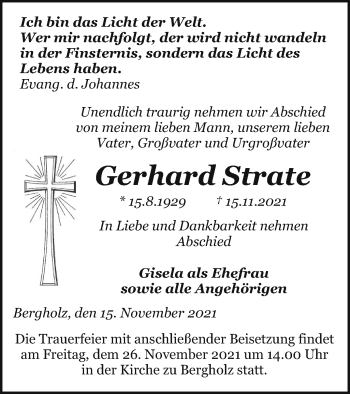 Traueranzeige von Gerhard Strate von Prenzlauer Zeitung