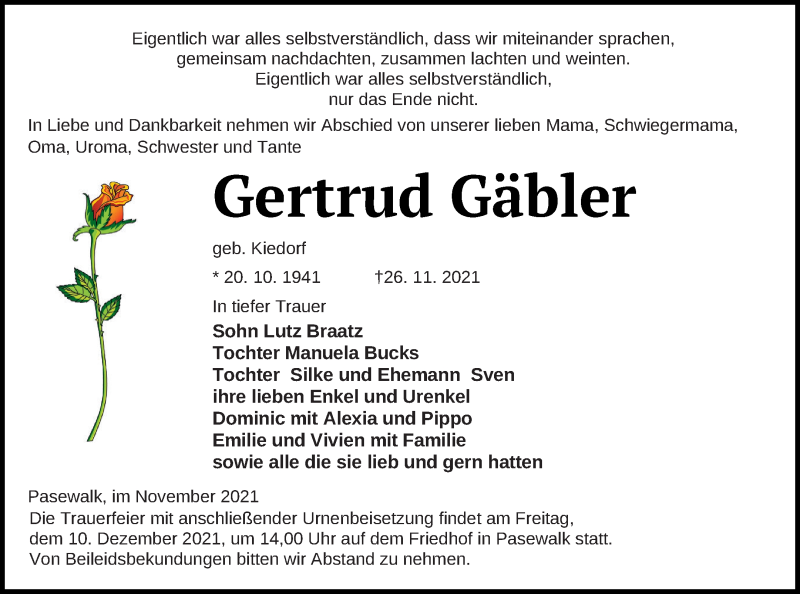  Traueranzeige für Gertrud Gäbler vom 30.11.2021 aus Pasewalker Zeitung