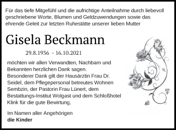 Traueranzeige von Gisela Beckmann von Müritz-Zeitung