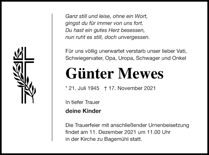  Traueranzeige für Günter Mewes vom 27.11.2021 aus Pasewalker Zeitung