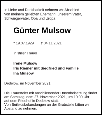 Traueranzeige von Günter Mulsow von Prenzlauer Zeitung