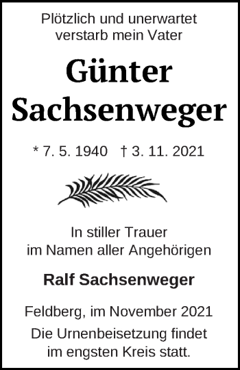 Traueranzeige von Günter Sachsenweger von Strelitzer Zeitung