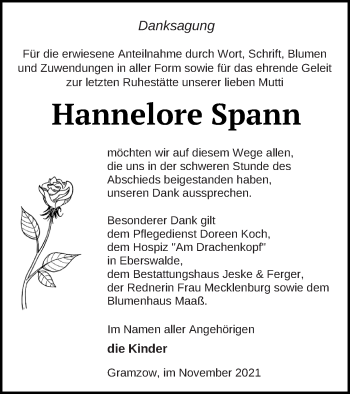 Traueranzeige von Hannelore Spann von Prenzlauer Zeitung