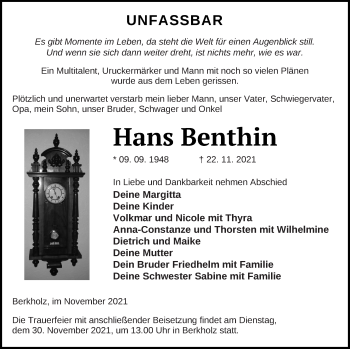 Traueranzeige von Hans Benthin von Prenzlauer Zeitung