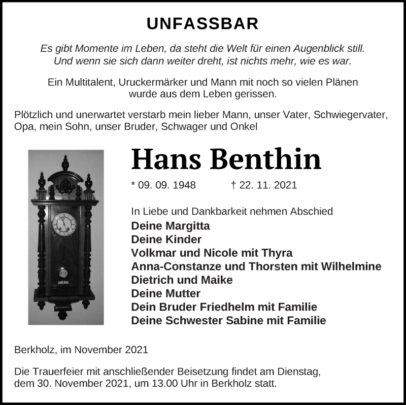  Traueranzeige für Hans Benthin vom 26.11.2021 aus Prenzlauer Zeitung