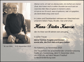 Traueranzeige von Hans-Dieter Krause von Neubrandenburger Zeitung