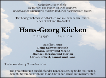 Traueranzeige von Hans-Georg Kücken von Pasewalker Zeitung