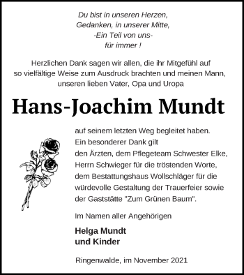 Traueranzeige von Hans-Joachim Mundt von Templiner Zeitung