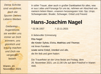 Traueranzeige von Hans-Joachim Nagel von Müritz-Zeitung