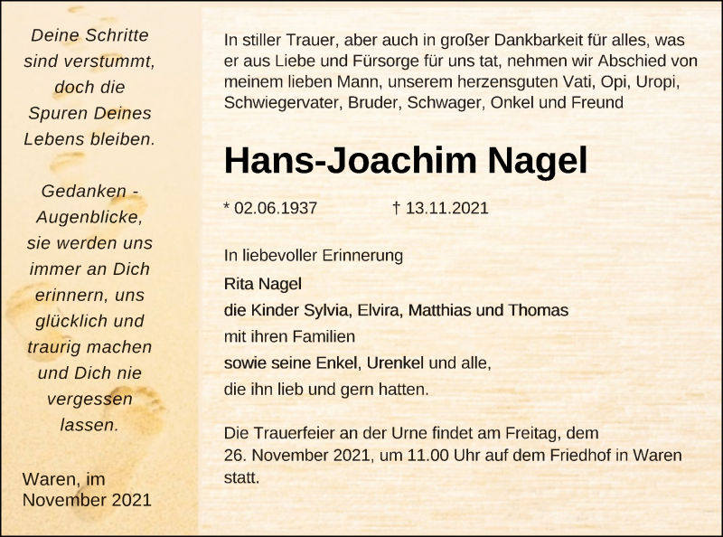  Traueranzeige für Hans-Joachim Nagel vom 19.11.2021 aus Müritz-Zeitung