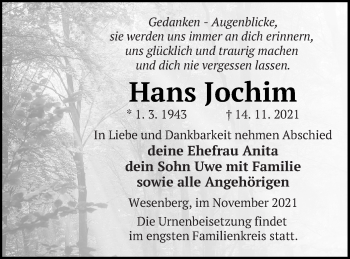 Traueranzeige von Hans Jochim von Strelitzer Zeitung