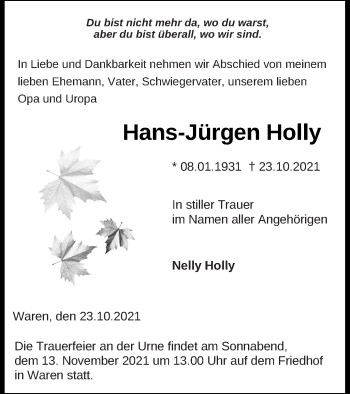 Traueranzeige von Hans-Jürgen Holly von Müritz-Zeitung