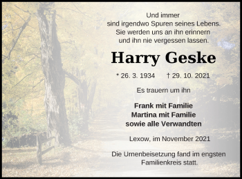 Traueranzeige von Harry Geske von Müritz-Zeitung