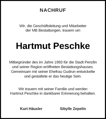 Traueranzeige von Hartmut Peschke von Müritz-Zeitung