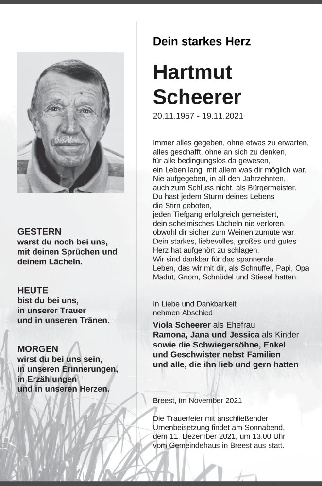  Traueranzeige für Hartmut Scheerer vom 26.11.2021 aus Demminer Zeitung